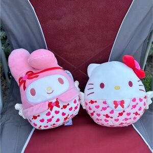 Hello Kitty and My Melody Heart Plush Duo - Pink and White
